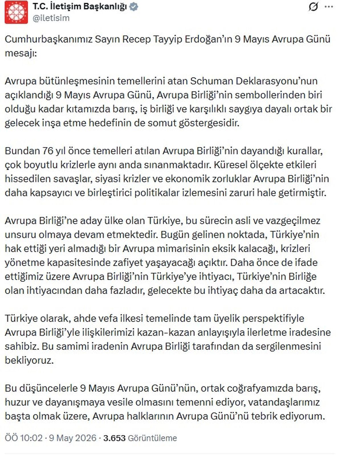 Cumhurbaşkanı Erdoğan'dan 9 Mayıs Avrupa Günü Mesajı: AB'den Samimi İrade Bekliyoruz