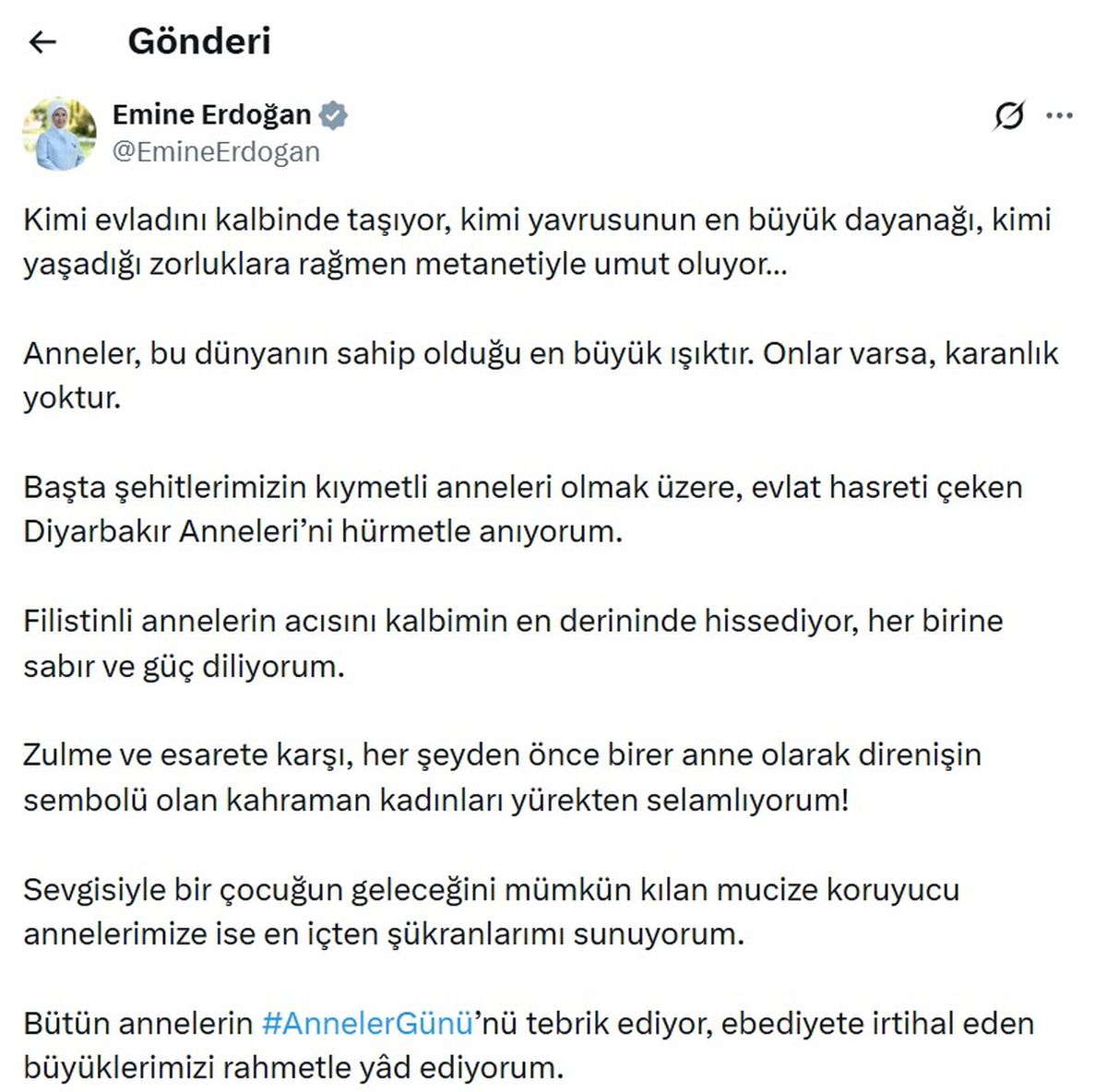 Emine Erdoğan'dan Anneler Günü mesajı: 'Anneler, bu dünyanın sahip olduğu en büyük ışıktır'