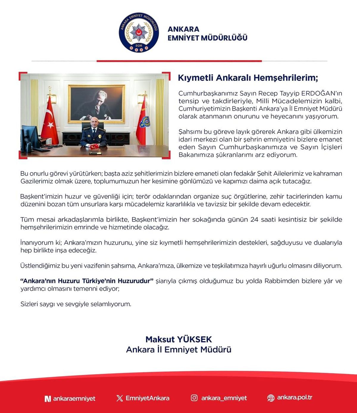 Ankara İl Emniyet Müdürü Yüksek: "Mücadelemiz kararlılıkla ve tavizsiz bir şekilde devam edecektir"