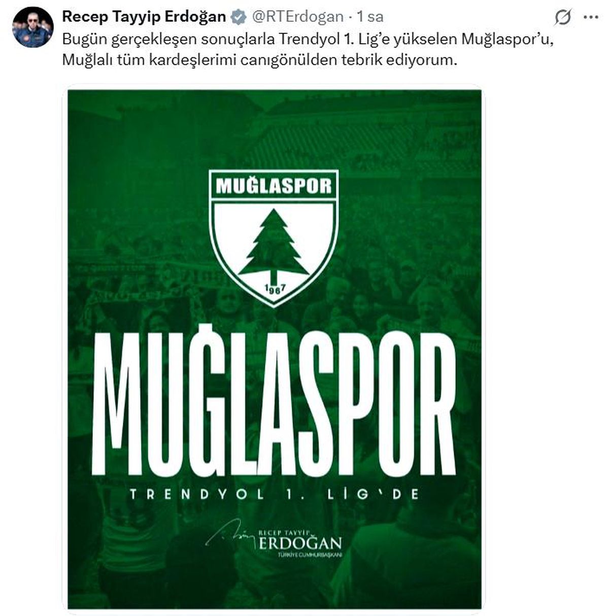 Cumhurbaşkanı Erdoğan'dan Muğlaspor'a tebrik mesajı