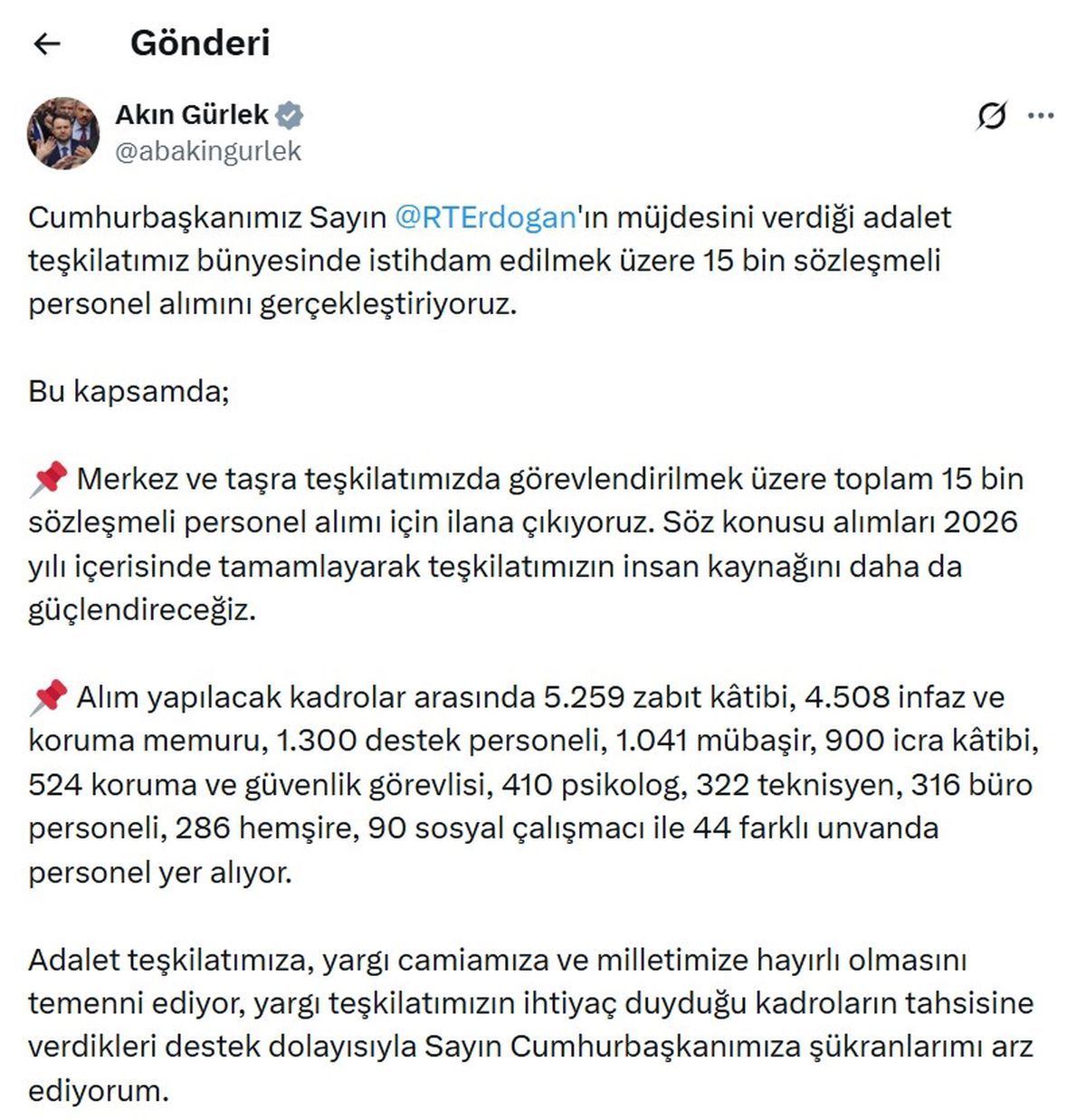 Bakan Gürlek: 15 bin sözleşmeli personel alımını gerçekleştiriyoruz