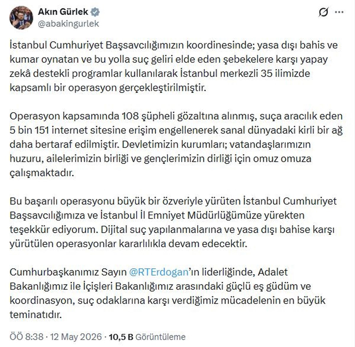 Adalet Bakanı Gürlek: Dijital suç yapılanmalarına karşı operasyonlar devam edecek