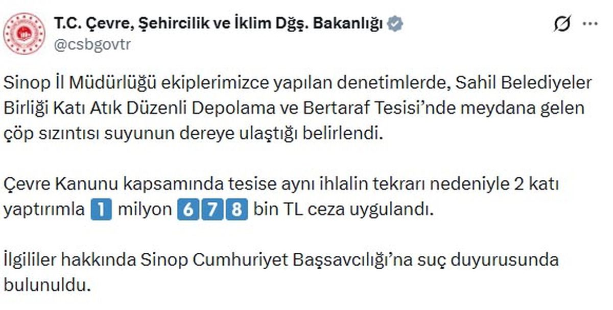 Sinop'ta dereyi kirleten katı atık tesisine ceza