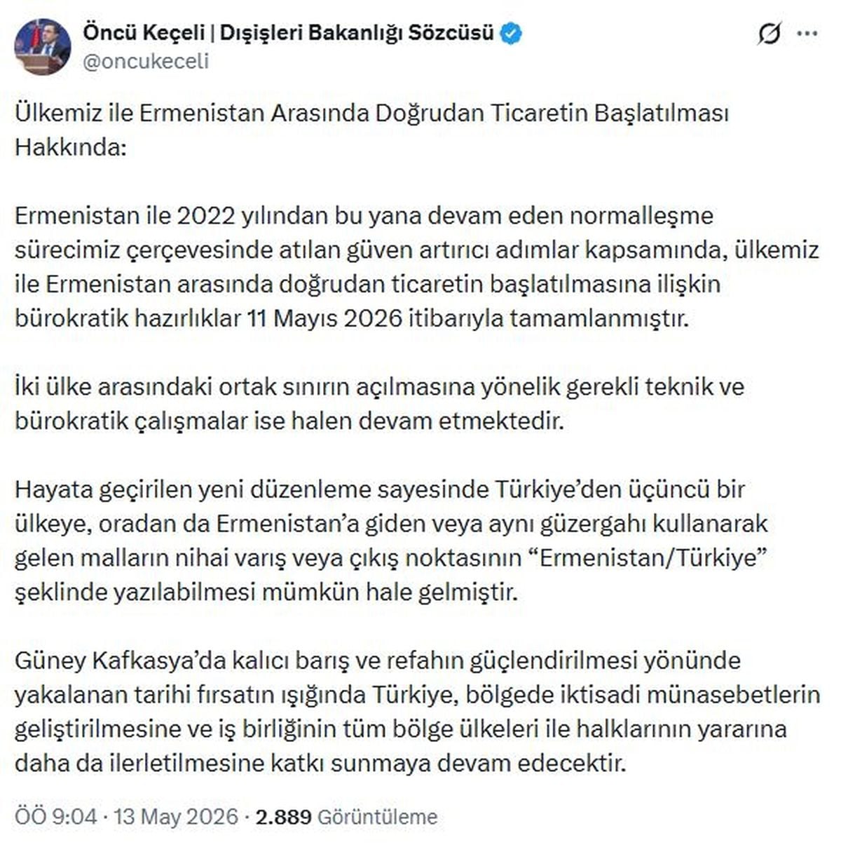 Türkiye ile Ermenistan arasında doğrudan ticaretin başlatılması için hazırlıklar tamamlandı