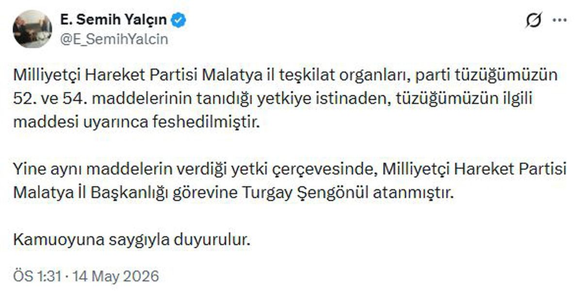 MHP'li Yalçın: MHP Malatya il teşkilatı feshedildi