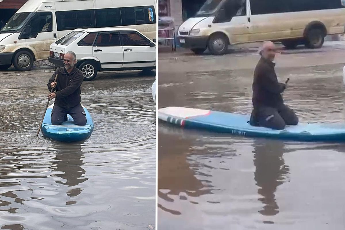 Ceyhan'da sanayi sitesini su bastı, esnaf sörf tahtası ile işe gitti