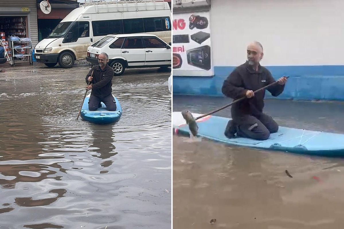 Adana'da esnaf sel suyunda sörf yaptı