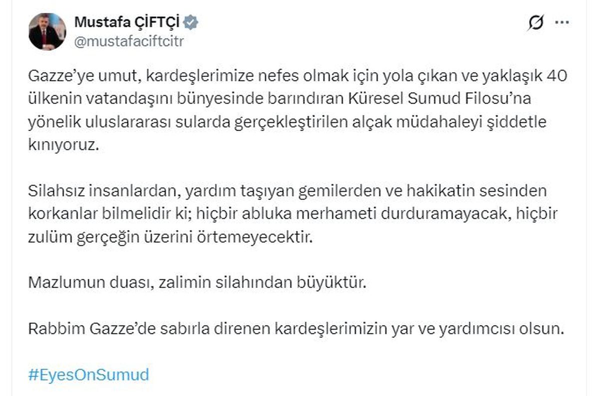 Bakan Çiftçi'den Küresel Sumud Filosu'na yönelik saldırıya tepki