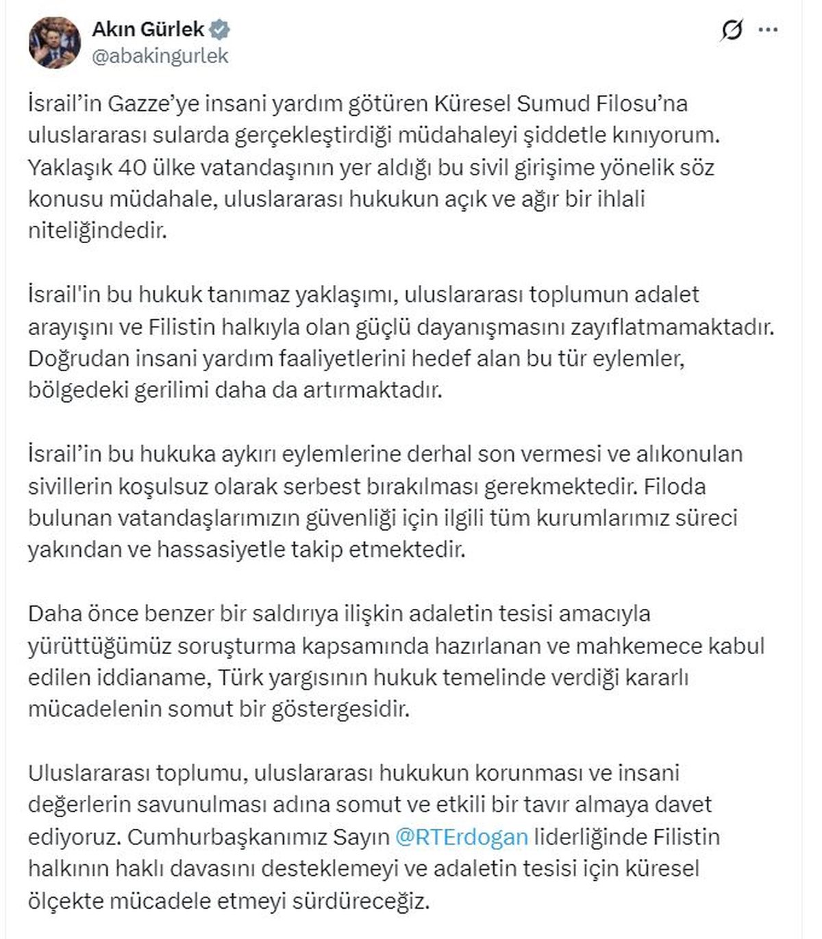 Adalet Bakanı Gürlek'ten Gazze filosu saldırısına kınama