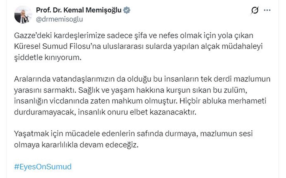 Sağlık Bakanı Memişoğlu, Küresel Sumud Filosu'na yapılan saldırıyı kınadı
