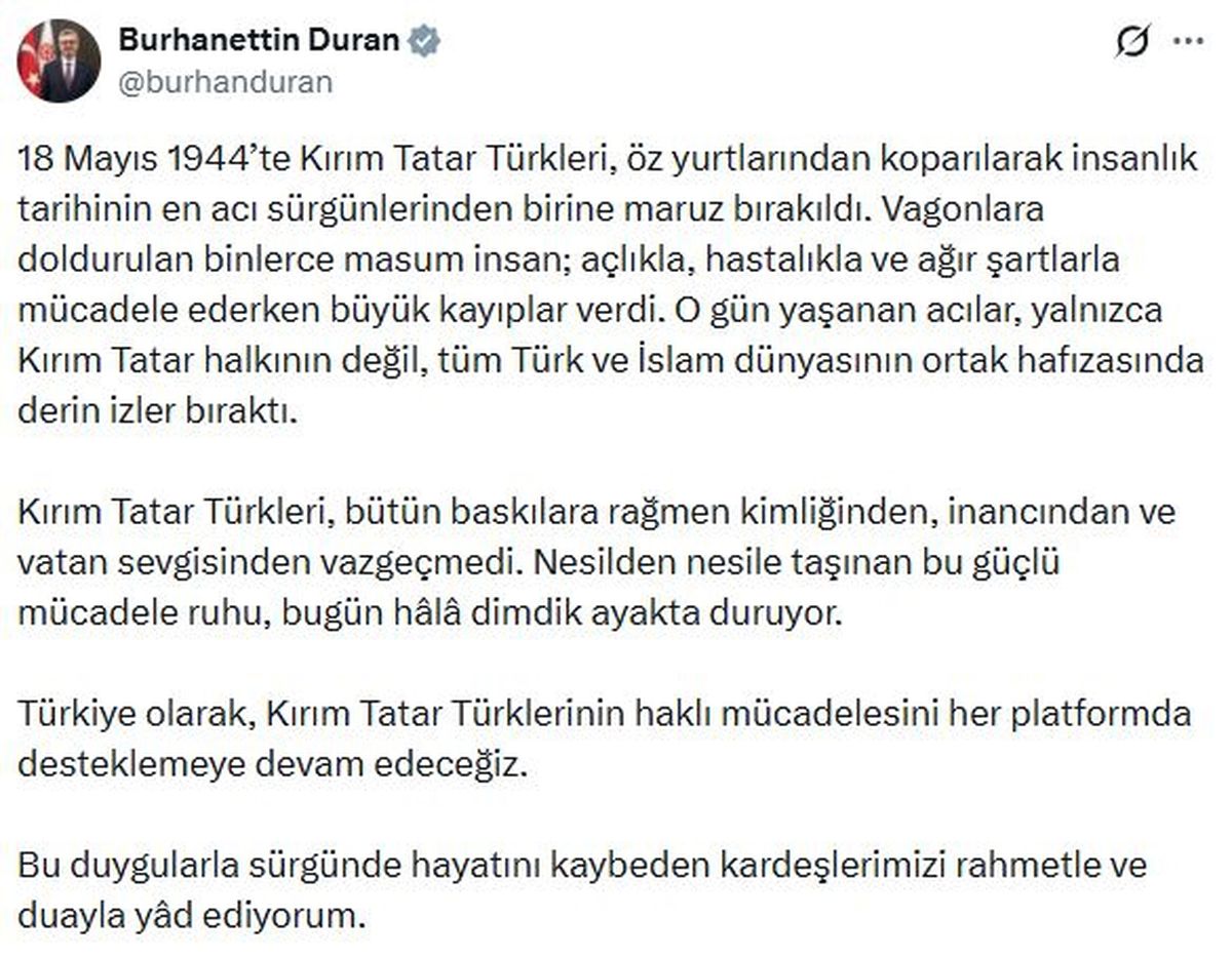 İletişim Başkanı Duran: Kırım Tatar Türklerinin haklı mücadelesini desteklemeye devam edeceğiz