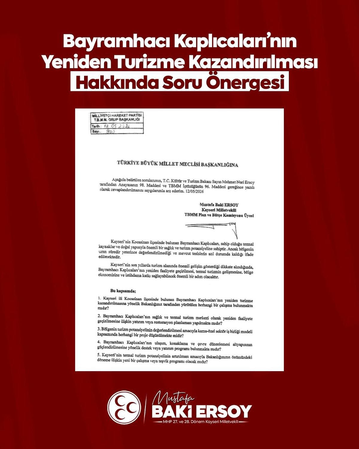 MHP'li Ersoy: ''Bayramhacı yeniden Kayseri turizmine kazandırılmalı''