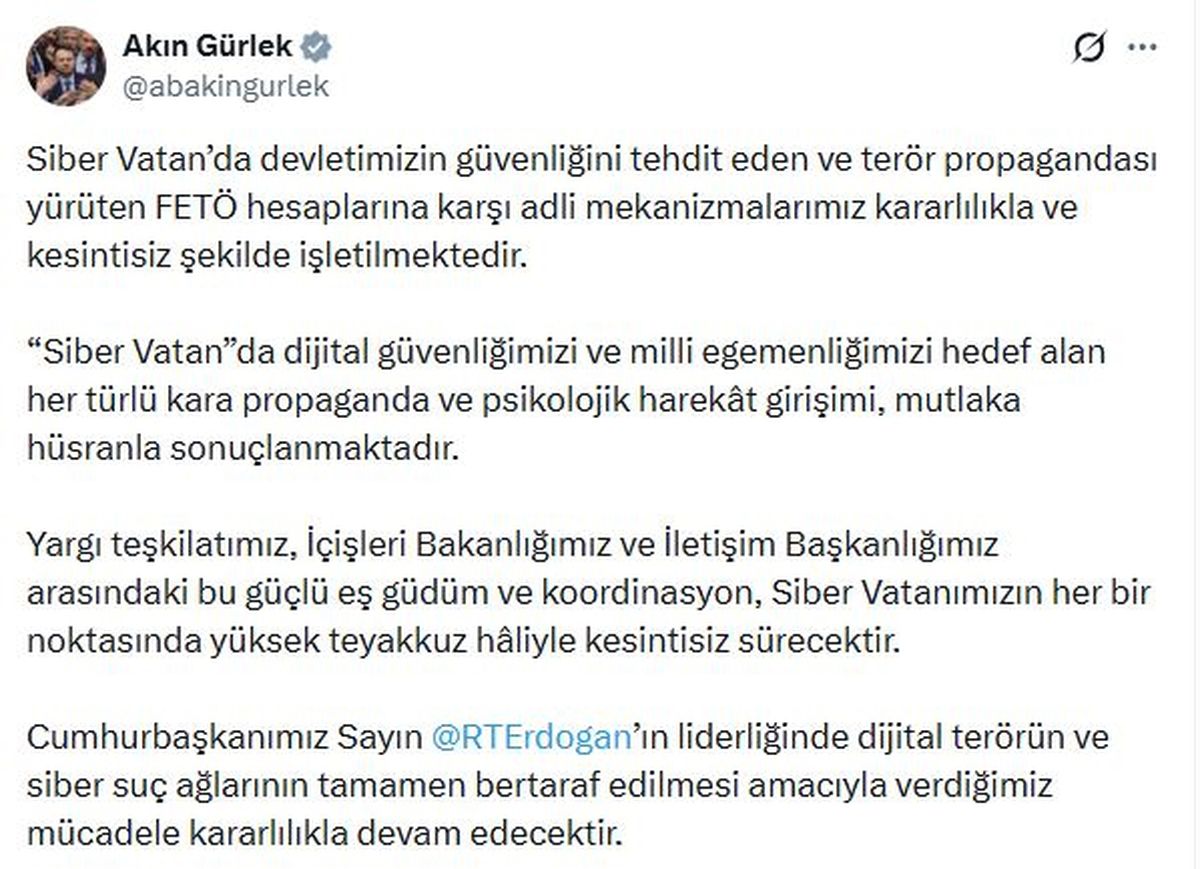 Adalet Bakanı Gürlek: FETÖ hesaplarına karşı adli mekanizmalar kararlılıkla işletiliyor
