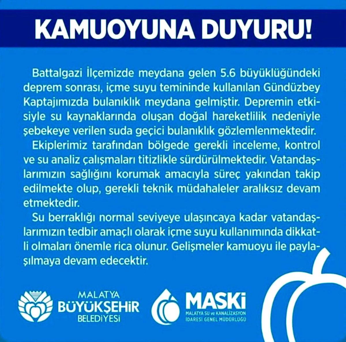 Malatya'da deprem sonrası içme suyunda bulanıklık oldu