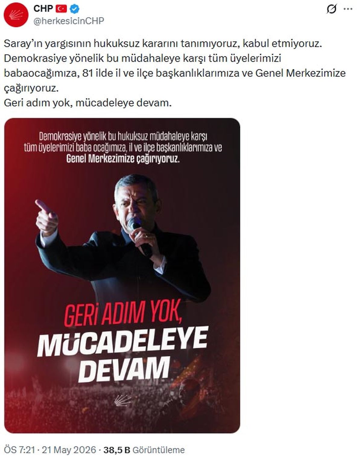 CHP'den Saray'ın Yargısına Tepki: Geri Adım Yok, Mücadeleye Devam