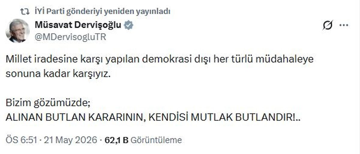Dervişoğlu: Demokrasi dışı her türlü müdahaleye karşıyız