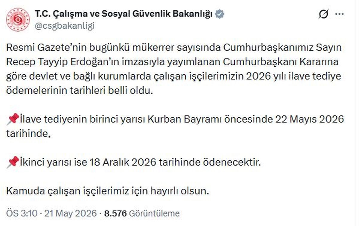 2026 ilave tediye ödeme tarihleri belli oldu