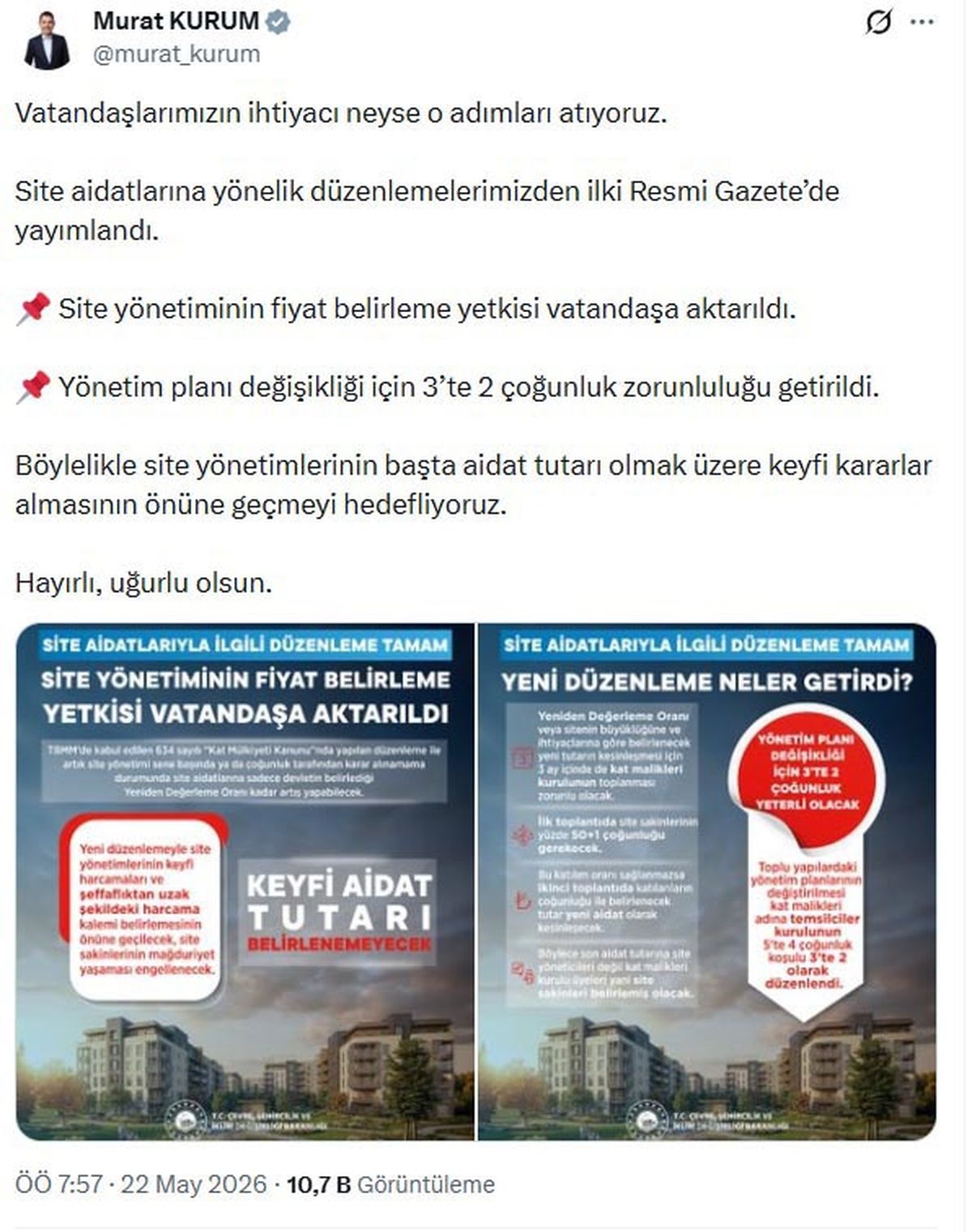 Bakan Kurum: Site yönetiminin fiyat belirleme yetkisi vatandaşa aktarıldı