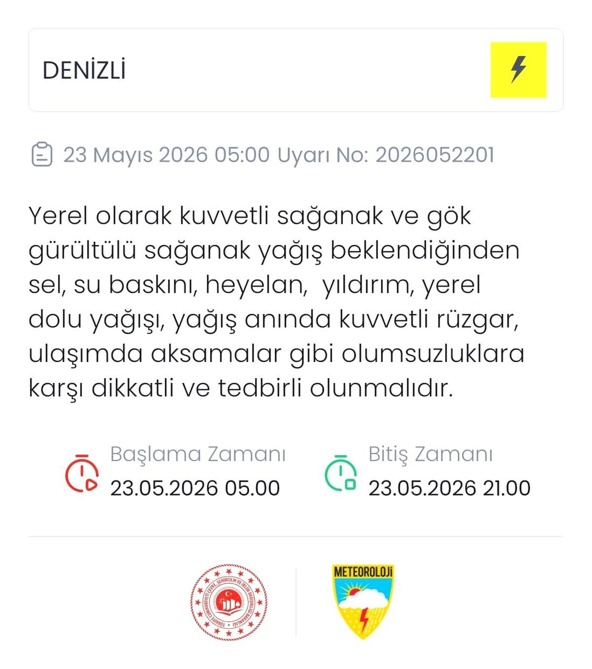 Denizli için kuvvetli sağanak ve gök gürültülü yağış uyarısı