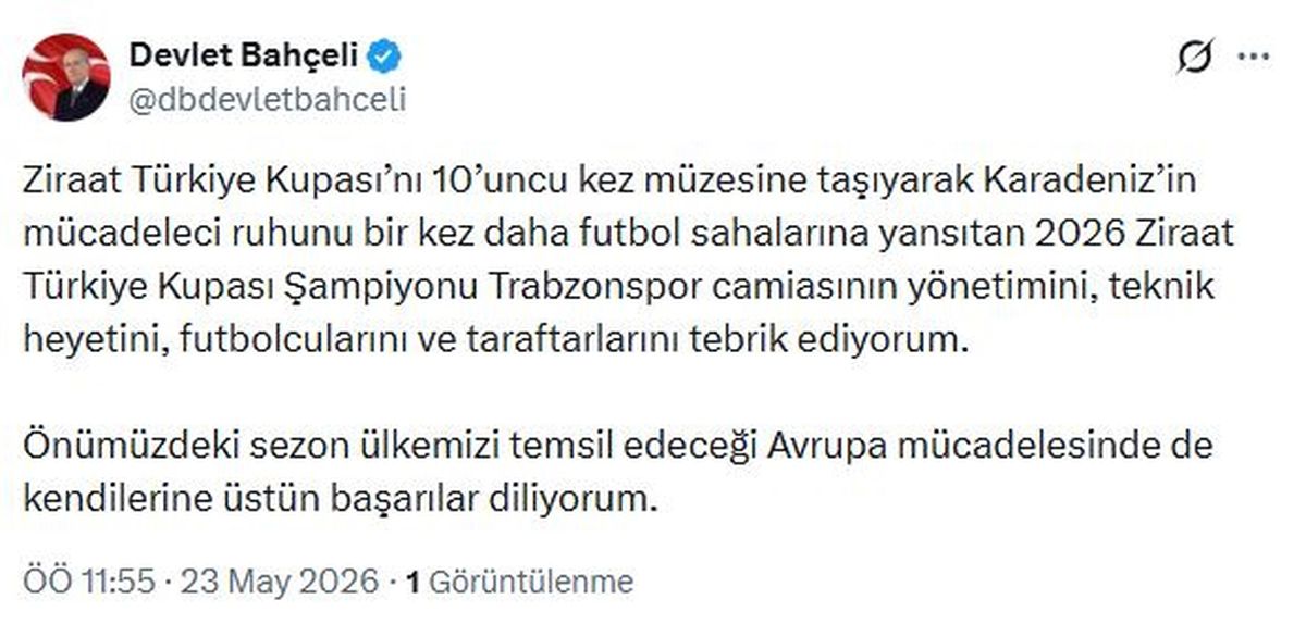 Bahçeli'den Trabzonspor'a tebrik mesajı