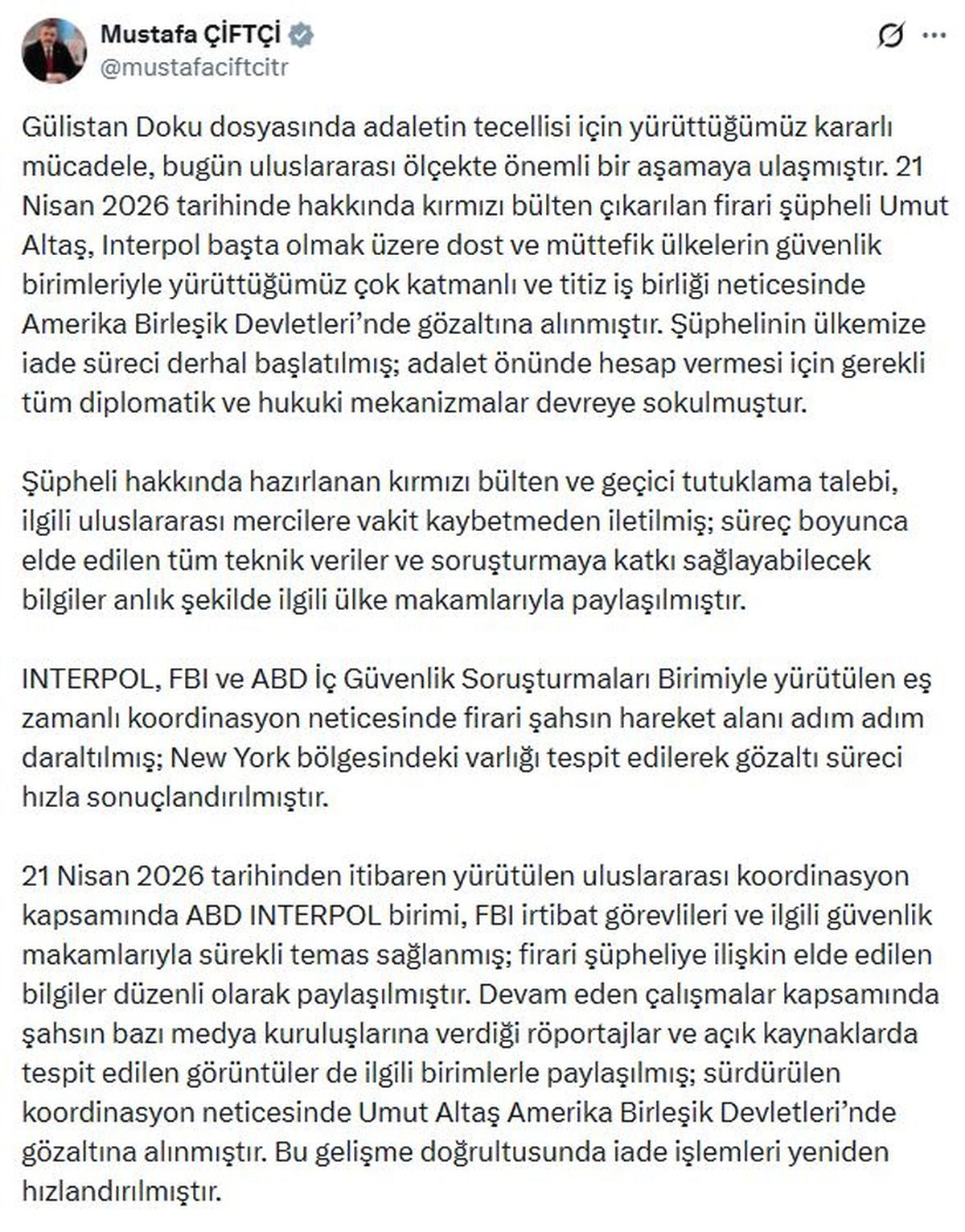 Bakan Çiftçi: Umut Altaş'ın iadesi için tüm mekanizmalar devreye sokuldu