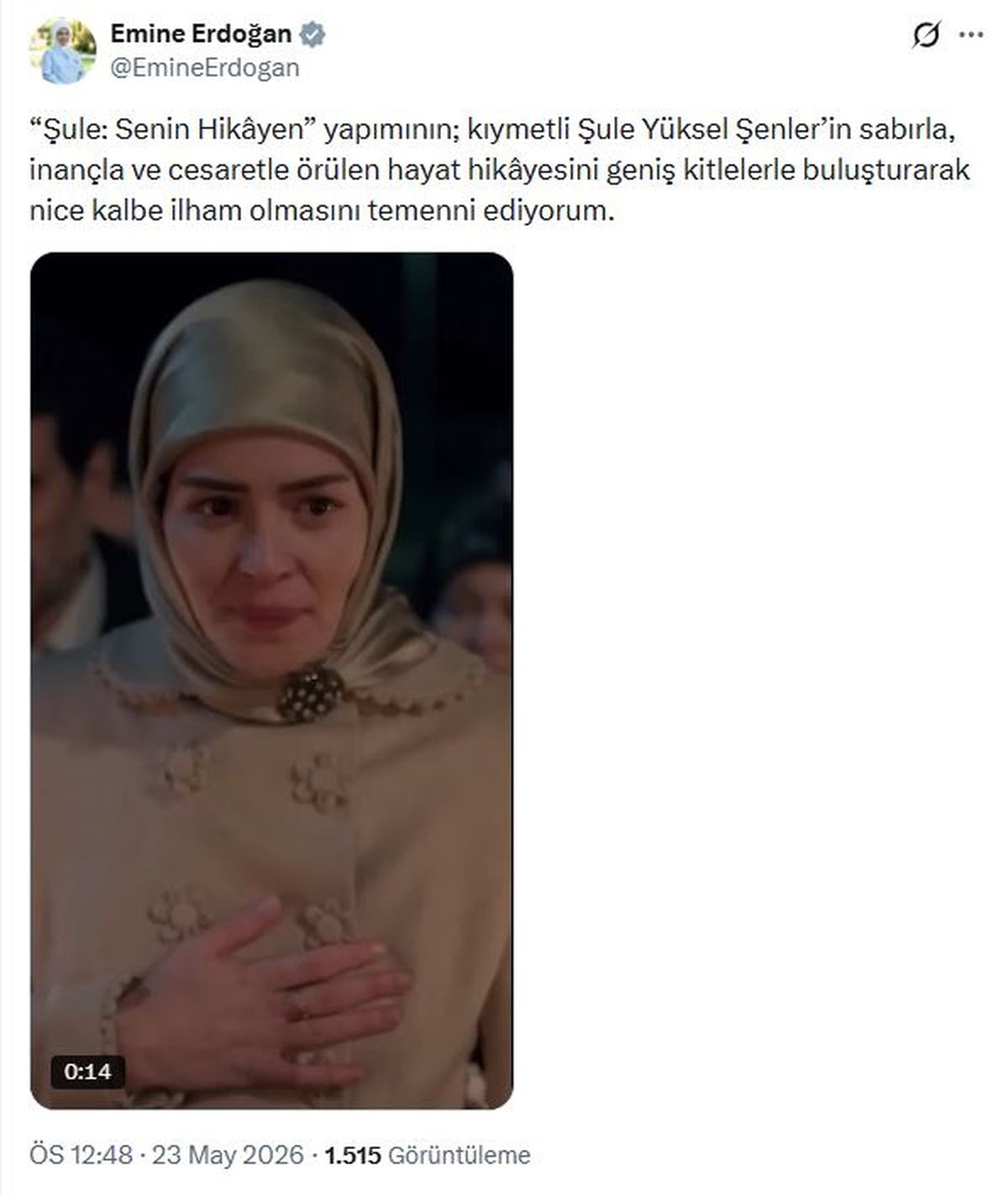 Emine Erdoğan, 'Şule: Senin Hikayen' dizisini övdü