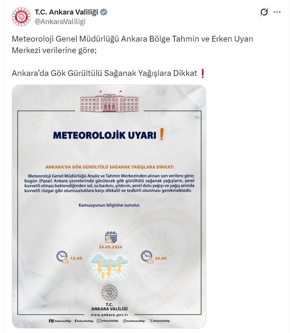 Ankara Valiliği'nden 'gök görültülü sağanak' uyarısı