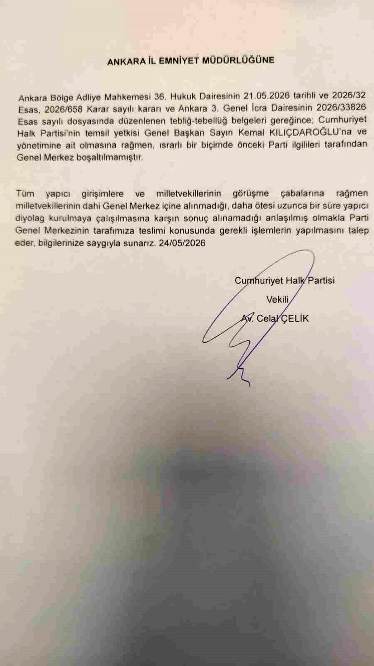 Kılıçdaroğlu'nun avukatından CHP Genel Merkez binasının teslimine ilişkin emniyete dilekçe