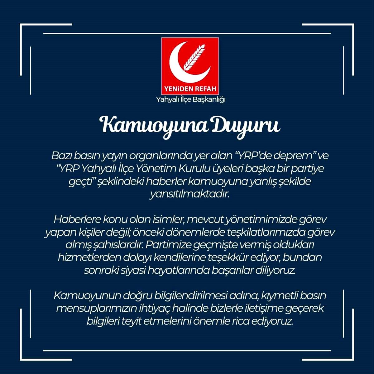 YRP Kayseri İl Başkanlığı'ndan kamuoyu açıklaması