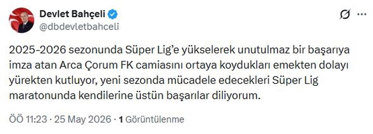 Bahçeli'den Arca Çorum FK'ya Tebrik