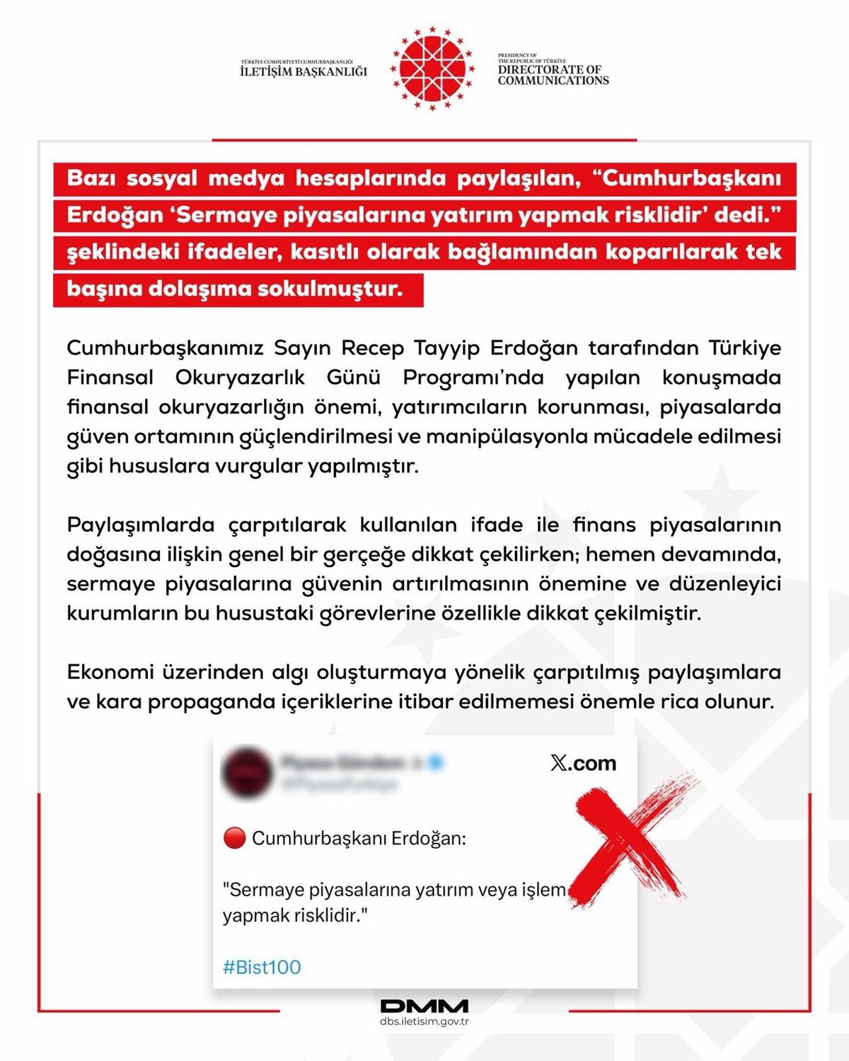 DMM'den Erdoğan'ın 'sermaye piyasaları' sözlerine ilişkin açıklama: Bağlamından koparıldı