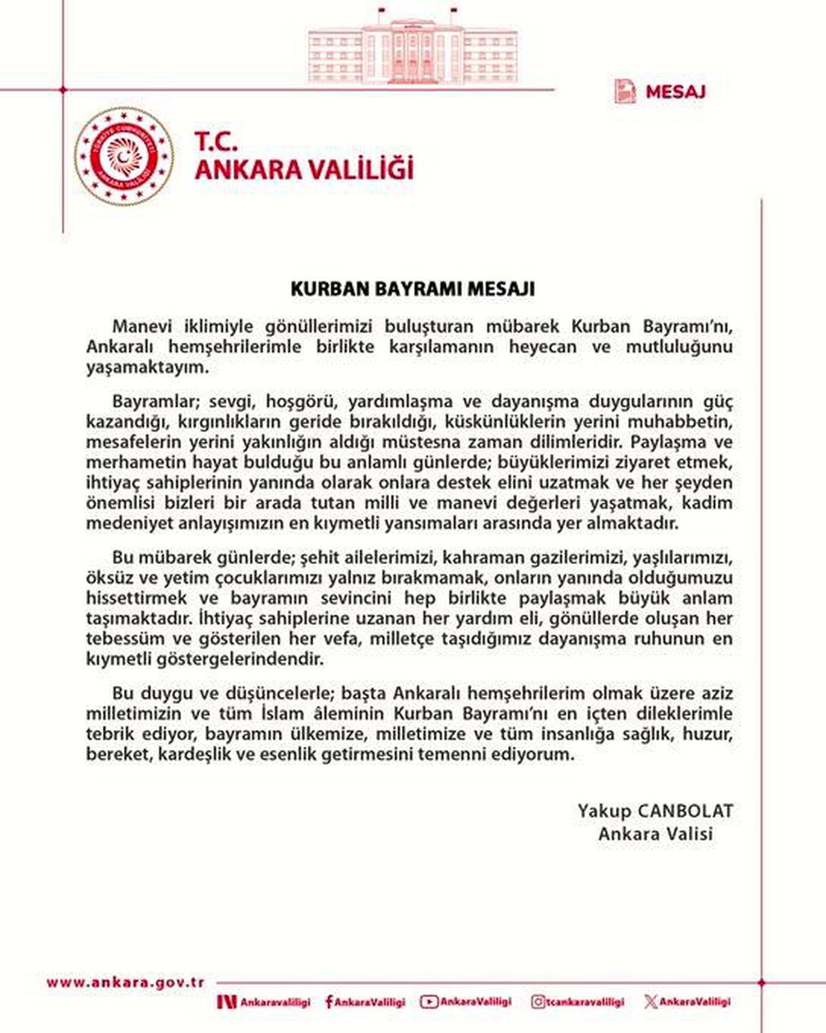 Ankara Valisi Canbolat'tan Kurban Bayramı mesajı