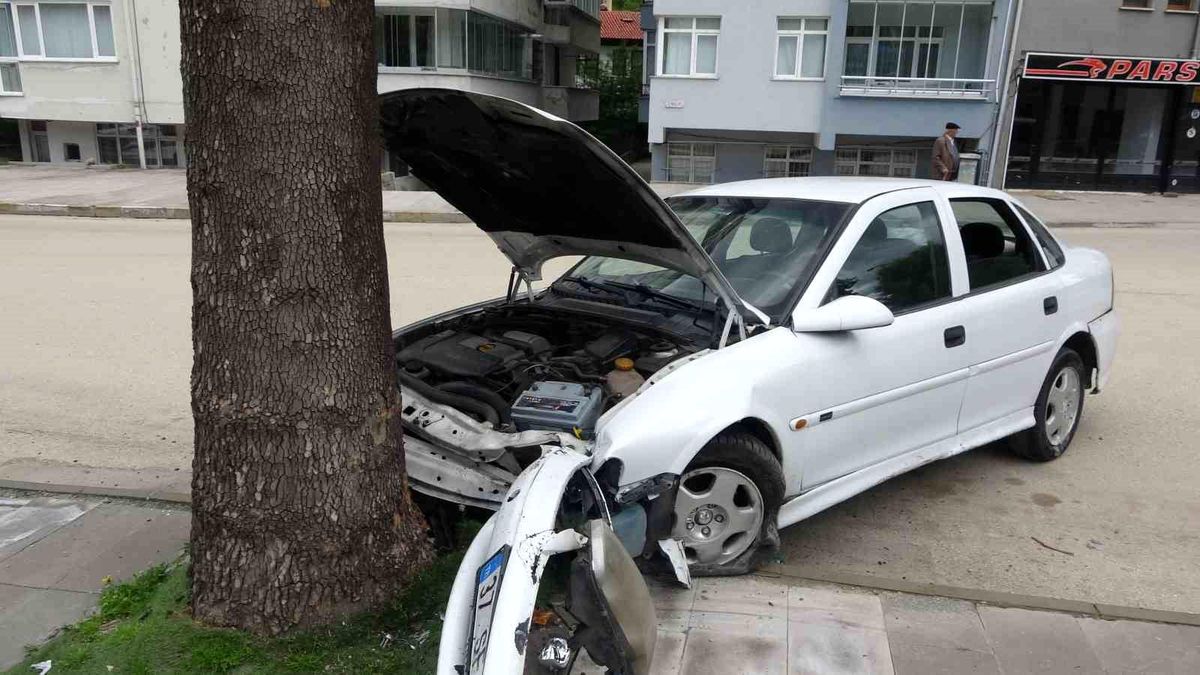 Virajı alamayan otomobil, kaldırımda ağaca çarptı