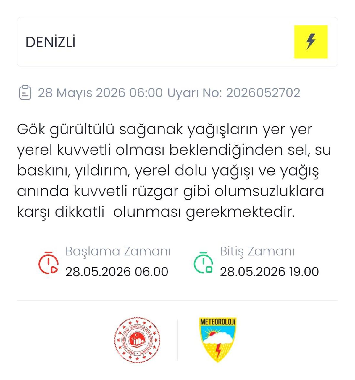 Meteoroloji Denizli için sarı kodulı uyarı verdi