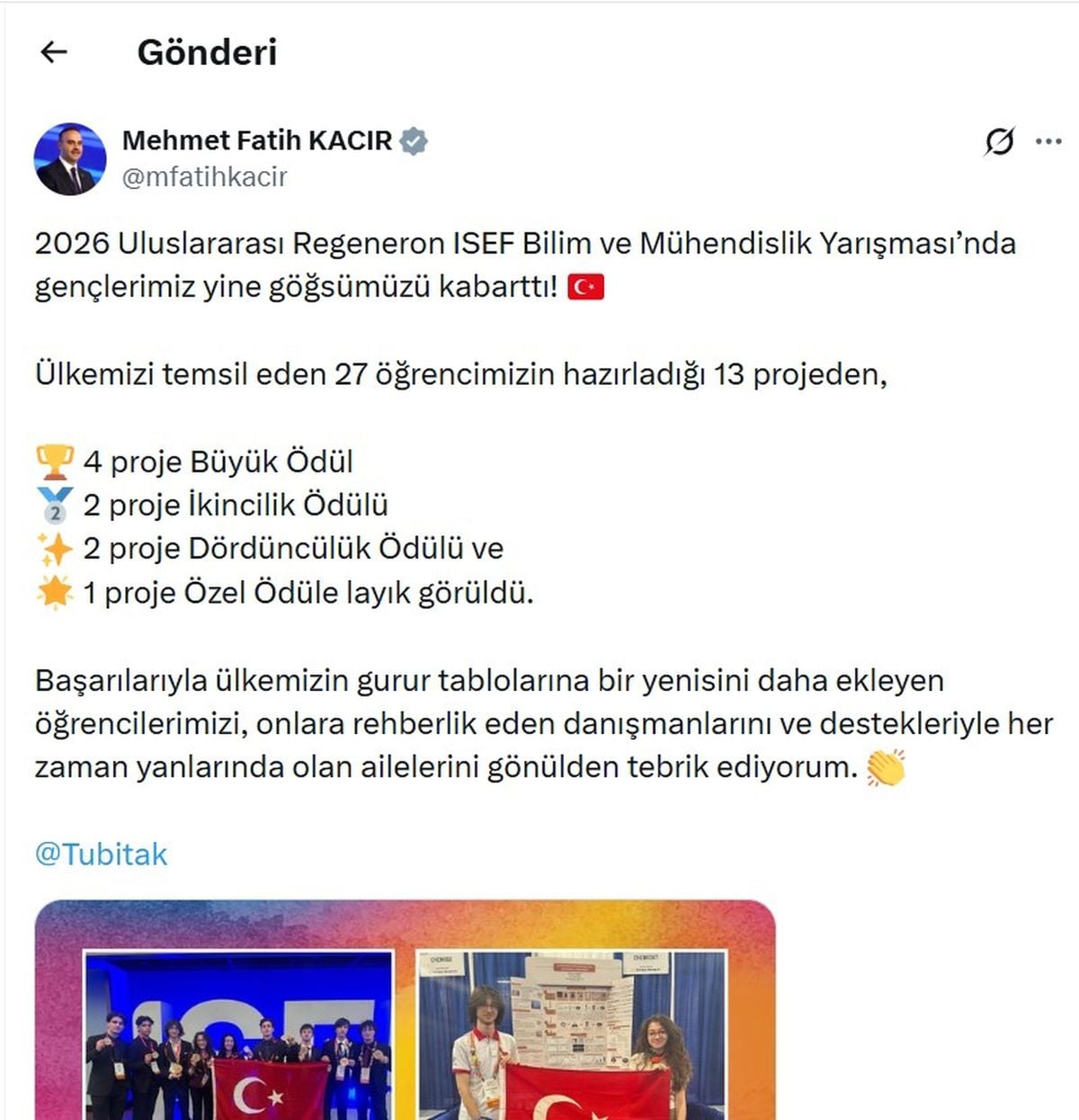 Bakan Kacır: Gençlerimiz ISEF 2026'da yine göğsümüzü kabarttı