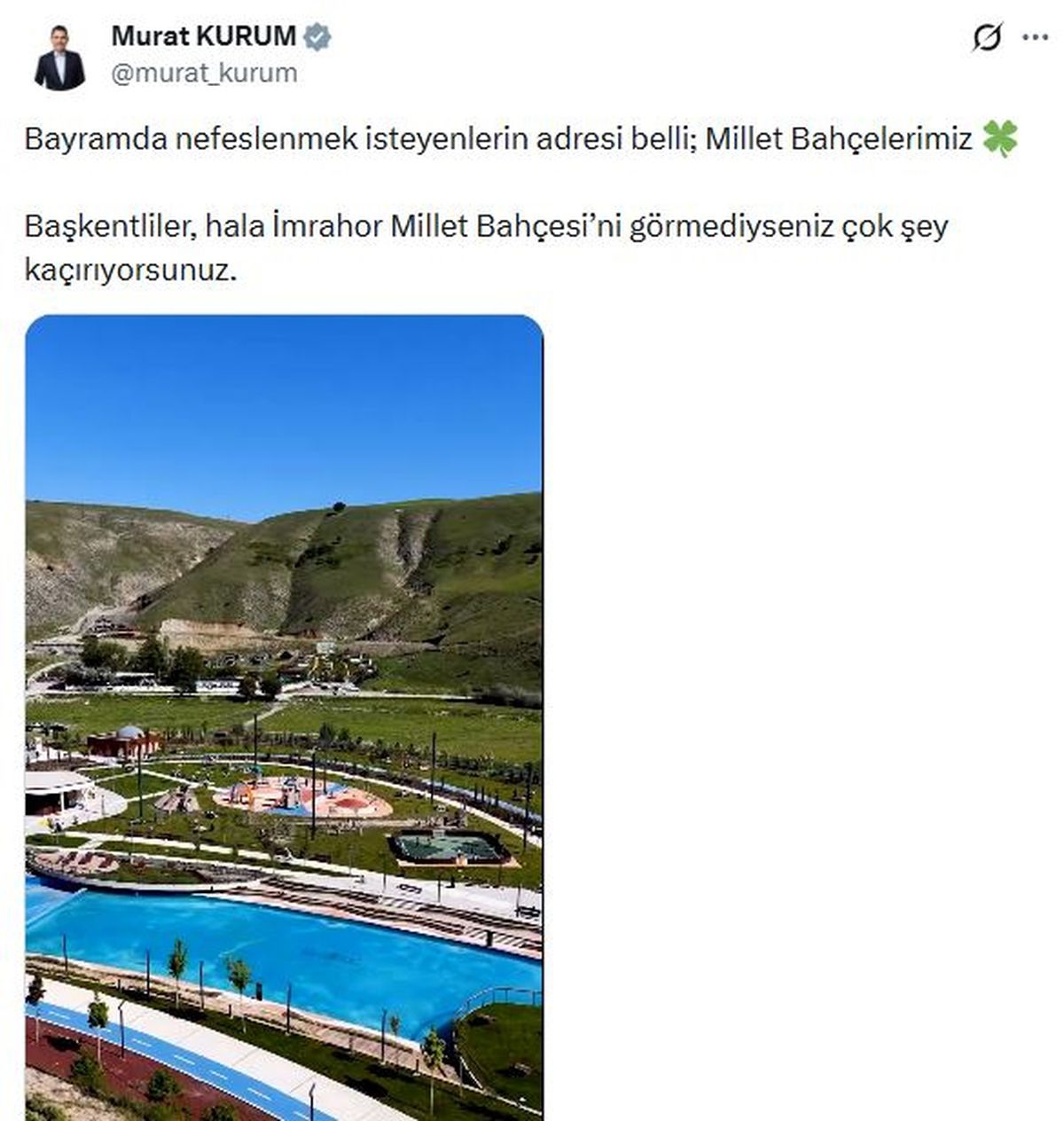 Bakan Kurum'dan 'İmrahor Millet Bahçesi' paylaşımı