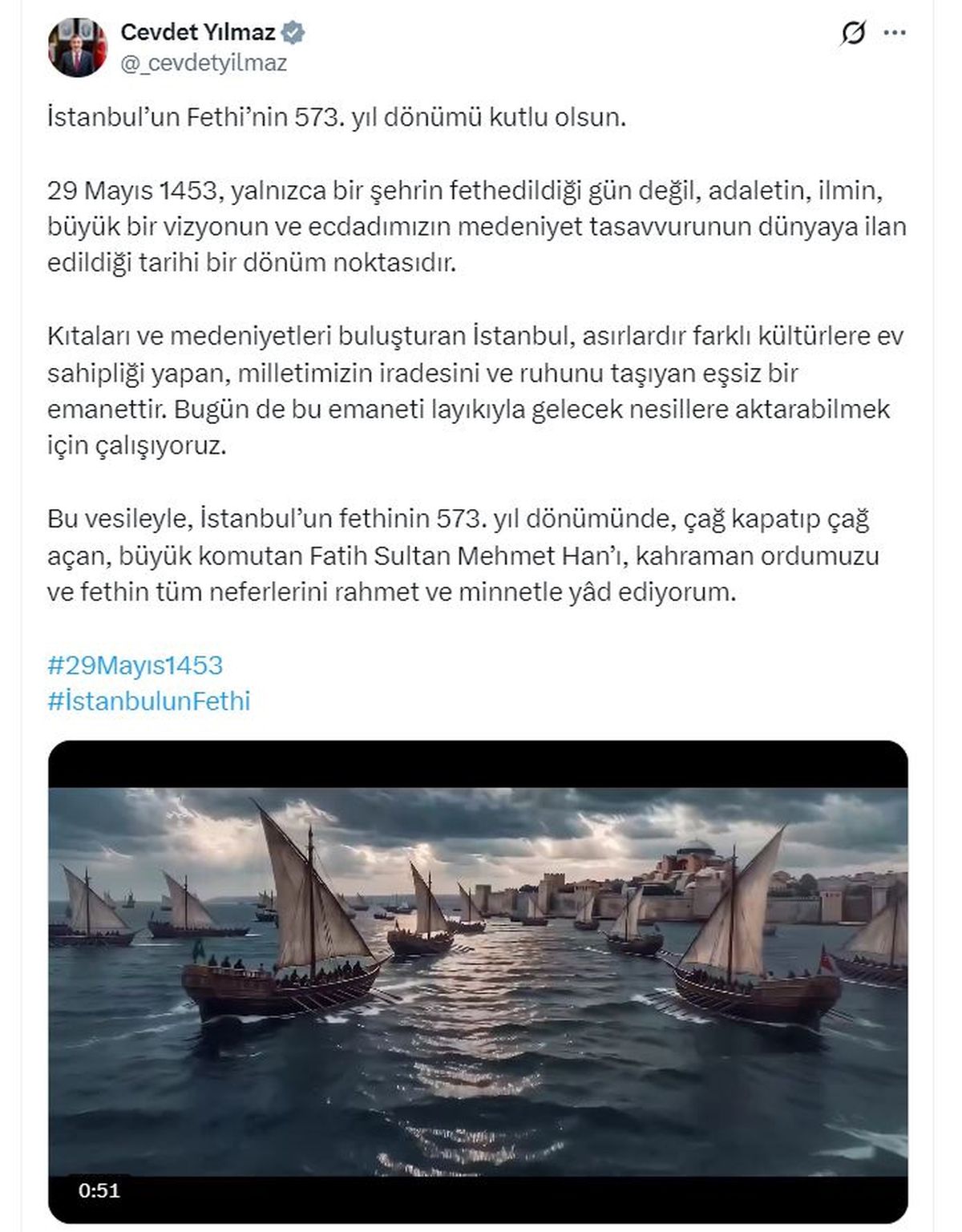 Cevdet Yılmaz, İstanbul'un fethinin 573'üncü yıl dönümünü kutladı