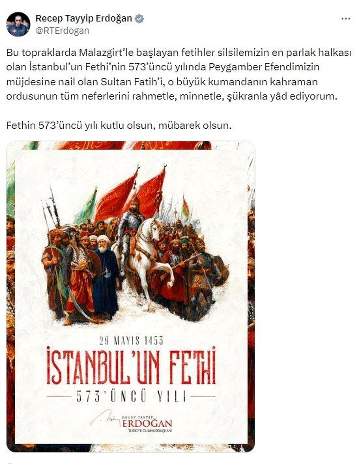 Cumhurbaşkanı Erdoğan: ''Fethin 573'üncü yılı kutlu olsun, mübarek olsun''