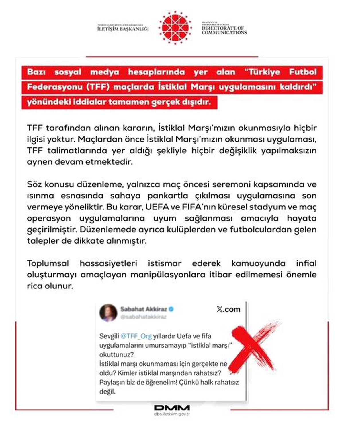 DMM'den maçlarda İstiklal Marşı uygulanması kaldırıldı iddialarına yalanlama