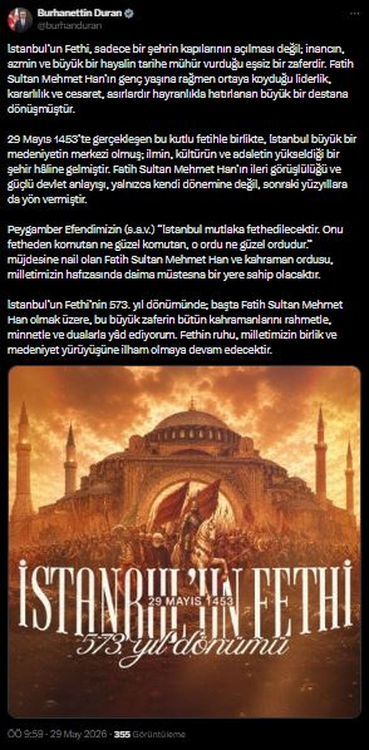İletişim Başkanı Duran, İstanbul'un fethinin 573'üncü yıl dönümünü kutladı