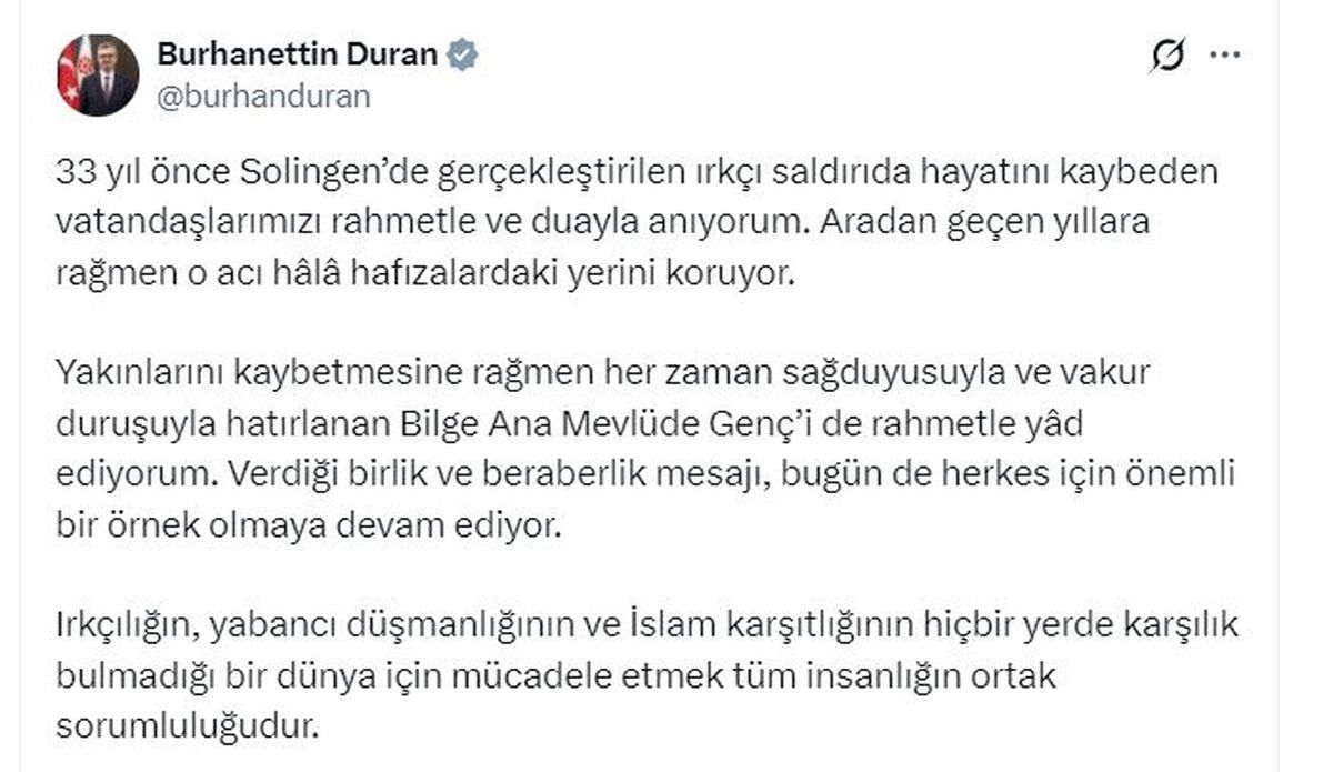 İletişim Başkanı Duran, Solingen faciasında yaşamını yitirenleri andı