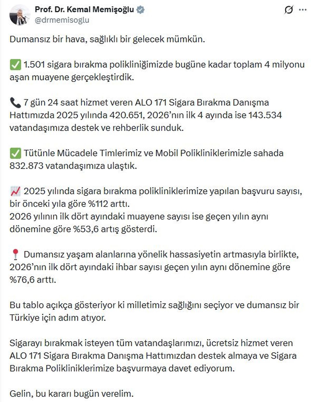 Bakan Memişoğlu: 1501 sigara bırakma polikliniğimizde 4 milyon muayene gerçekleştirdik
