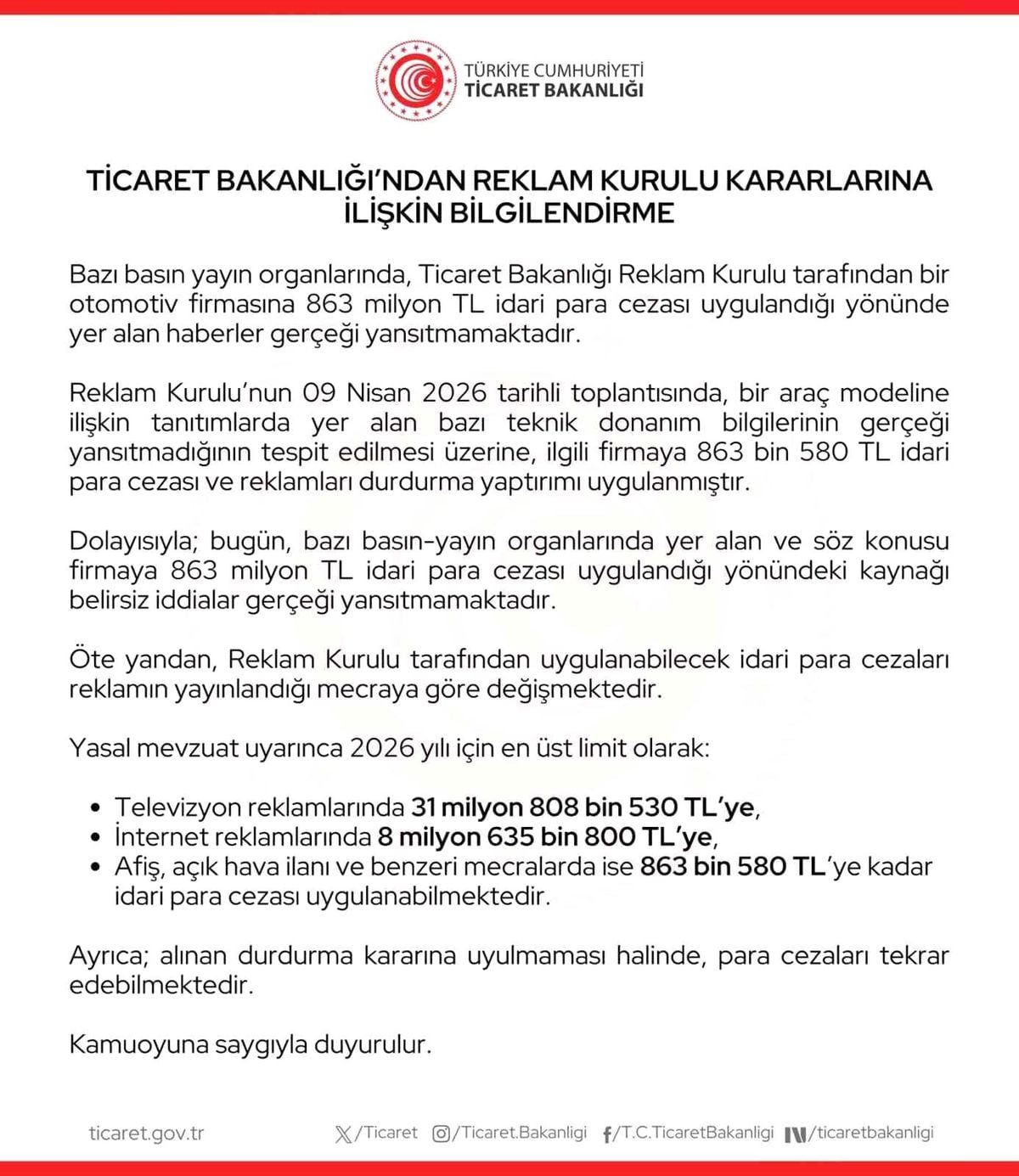 Ticaret Bakanlığı: 'Bir otomotiv firmasına 863 milyon lira ceza uygulandığı haberleri gerçeği yansıtmamaktadır'