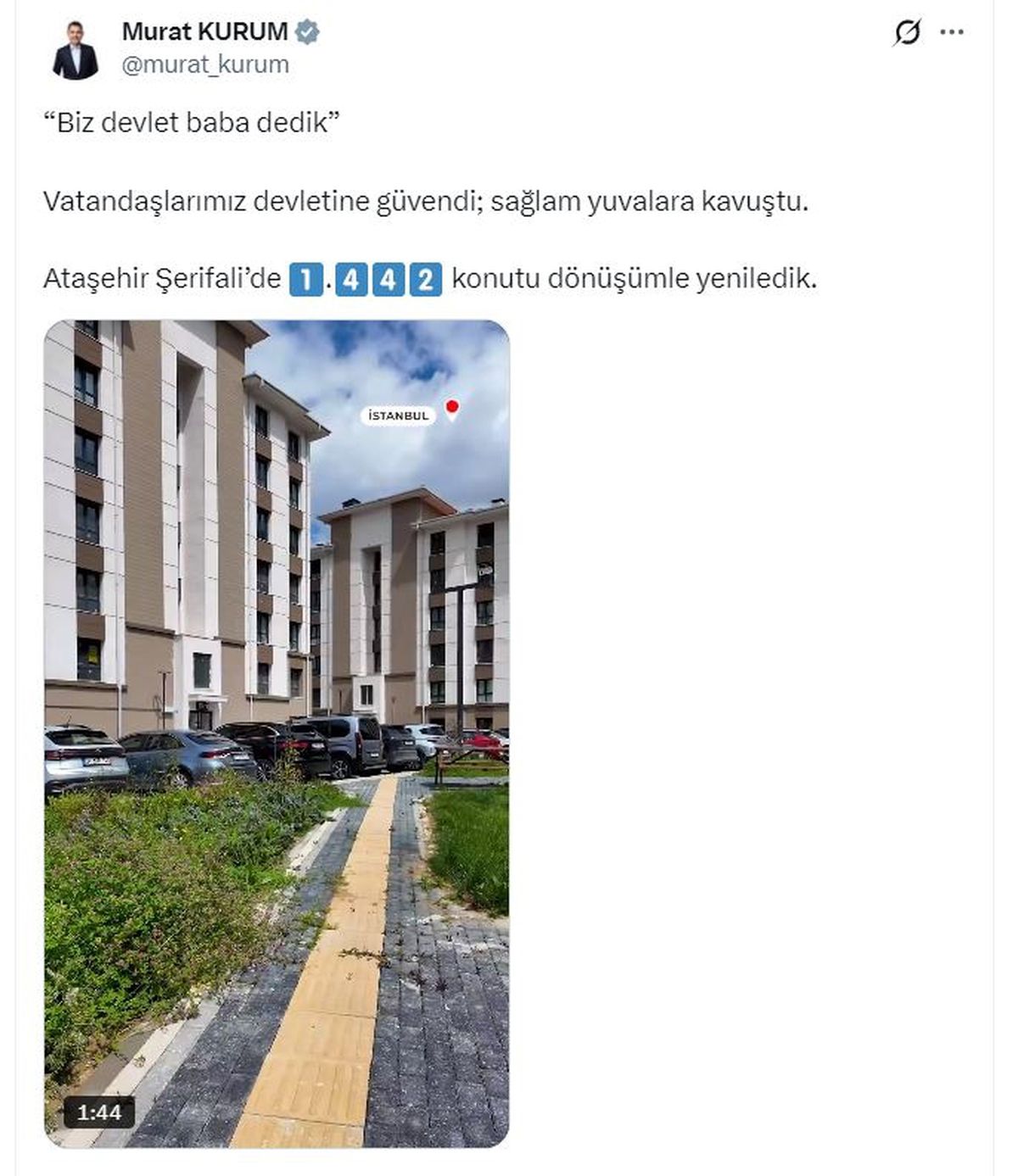 Bakan Kurum, İstanbul Şerifali'deki kentsel dönüşümü paylaştı