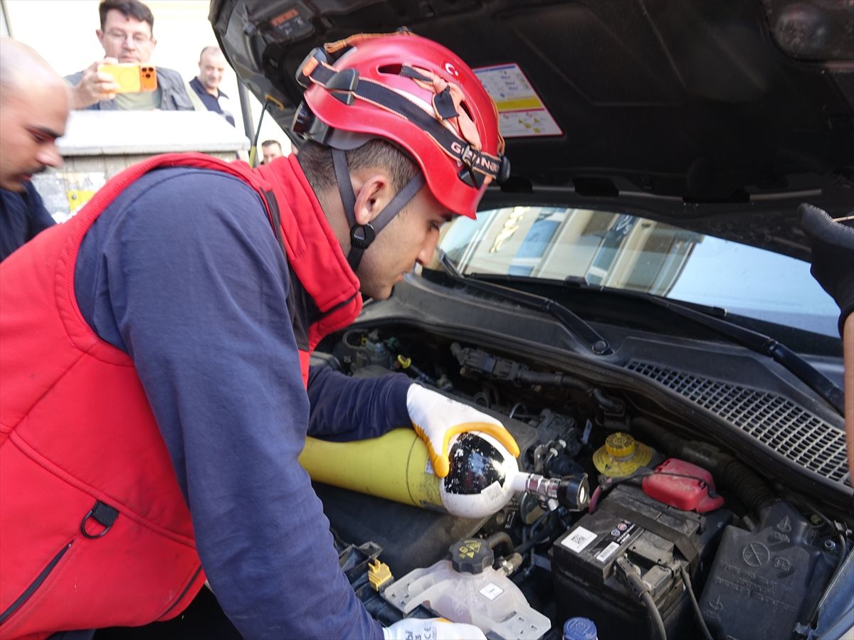 Balıkesir'de otomobilin motor kısmına giren yavru kedi kurtarıldı