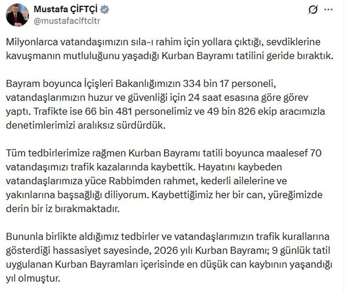 Bayram tatilindeki trafik kazalarında 70 kişi öldü