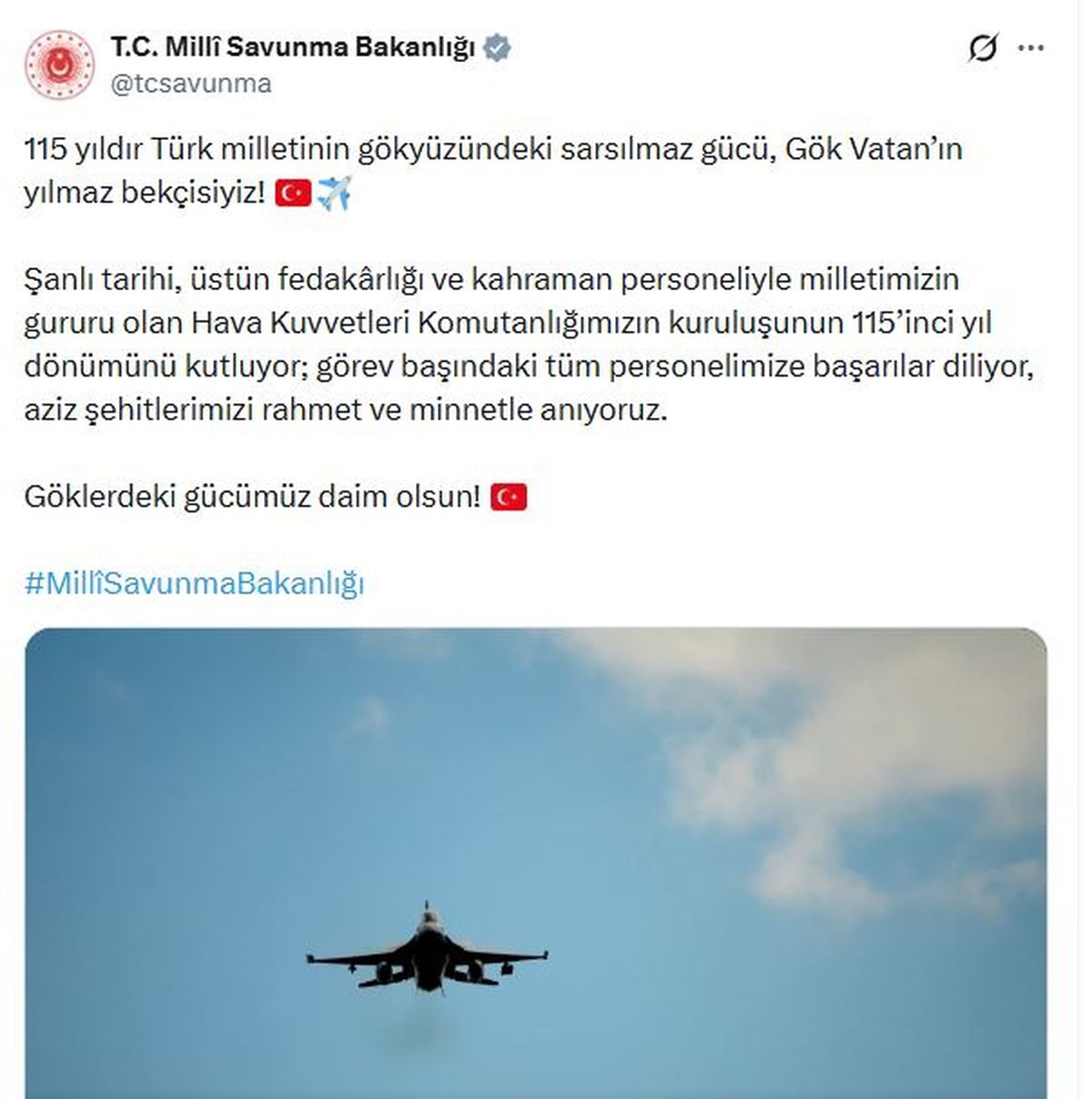 MSB, Hava Kuvvetleri Komutanlığı'nın 115. yıl dönümü için video klip paylaştı