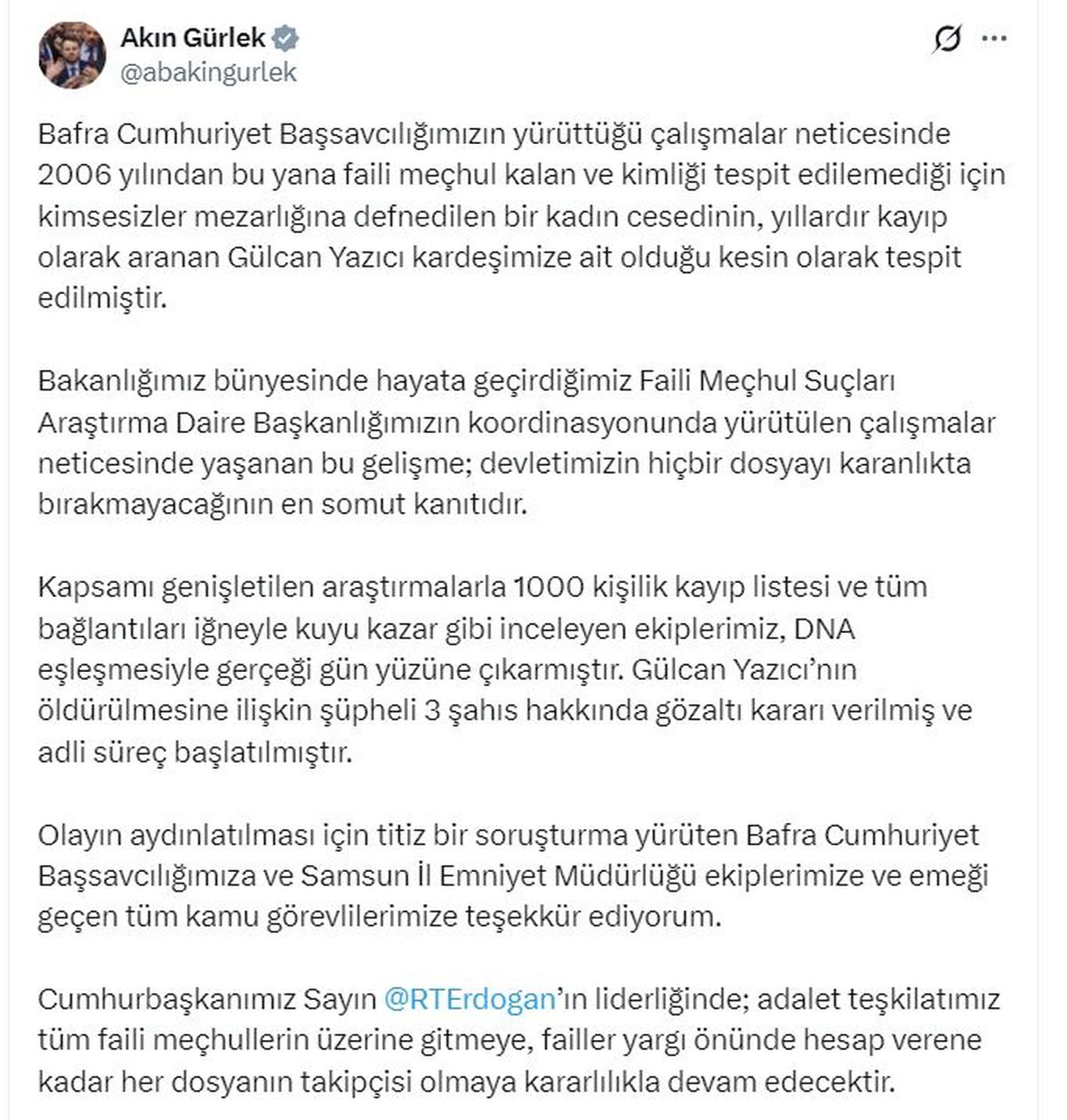 Bakan Gürlek: 2006'daki faili meçhul cinayet aydınlatıldı, 3 şüpheli gözaltında