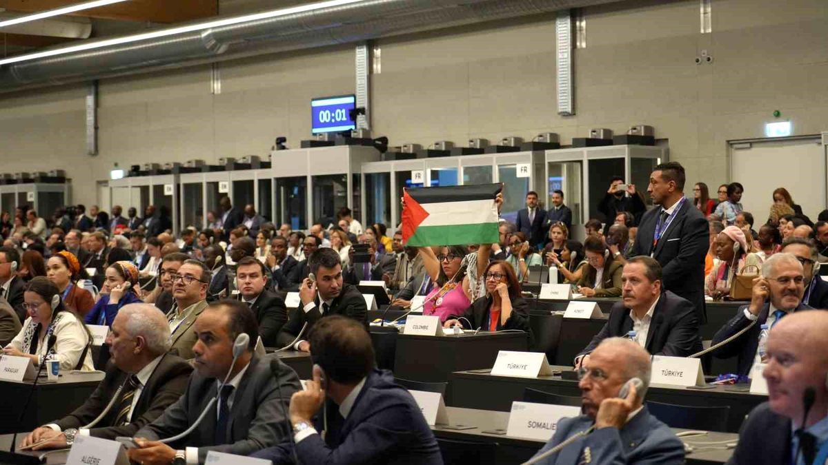 ILO Konferansı'nda Filistin'in ILO'ya geçici üyeliğinin iptalini isteyen İsrailli diplomata protesto