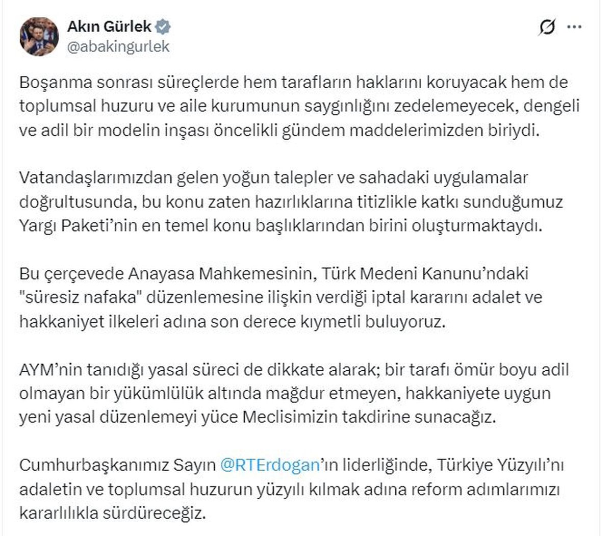 Adalet Bakanı Gürlek: Süresiz Nafaka İptal Kararını Kıymetli Buluyoruz, Yeni Düzenlemeyi Meclis’e Sunacağız